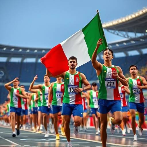Atleti italiani che sfilano durante la cerimonia di apertura delle Olimpiadi