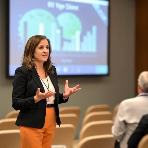 Dott.ssa Elena Rossi, amministratore delegato di BioTech Solutions, durante una presentazione a Milano