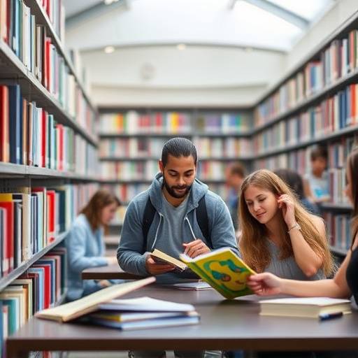 Un gruppo di studenti universitari che studiano insieme in una biblioteca